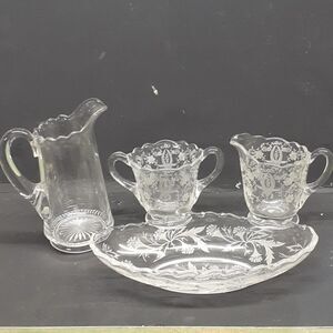 4 pc. bundle Fostoria Cambridge etched crystal creamer sugar, pitcher, dish‎